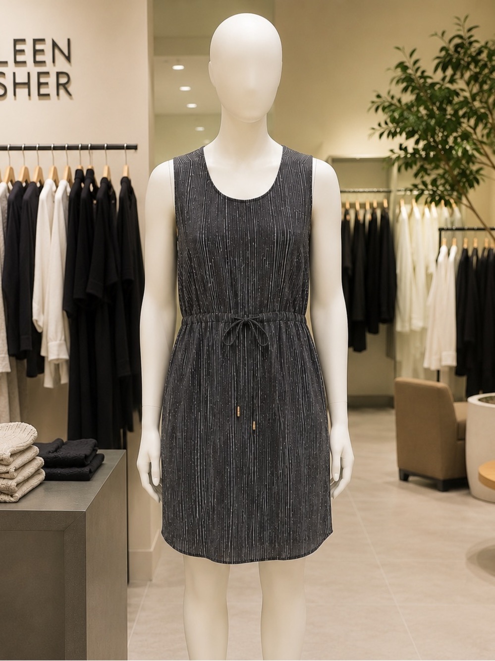 Eileen Fisher 100% Silk Charcoal Gray Stripe Sleeveless Tie Waist Tunic Dress M